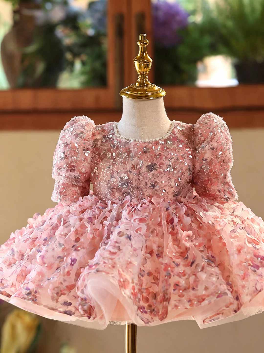 D602 pink floral puff sleeve flower girl dress