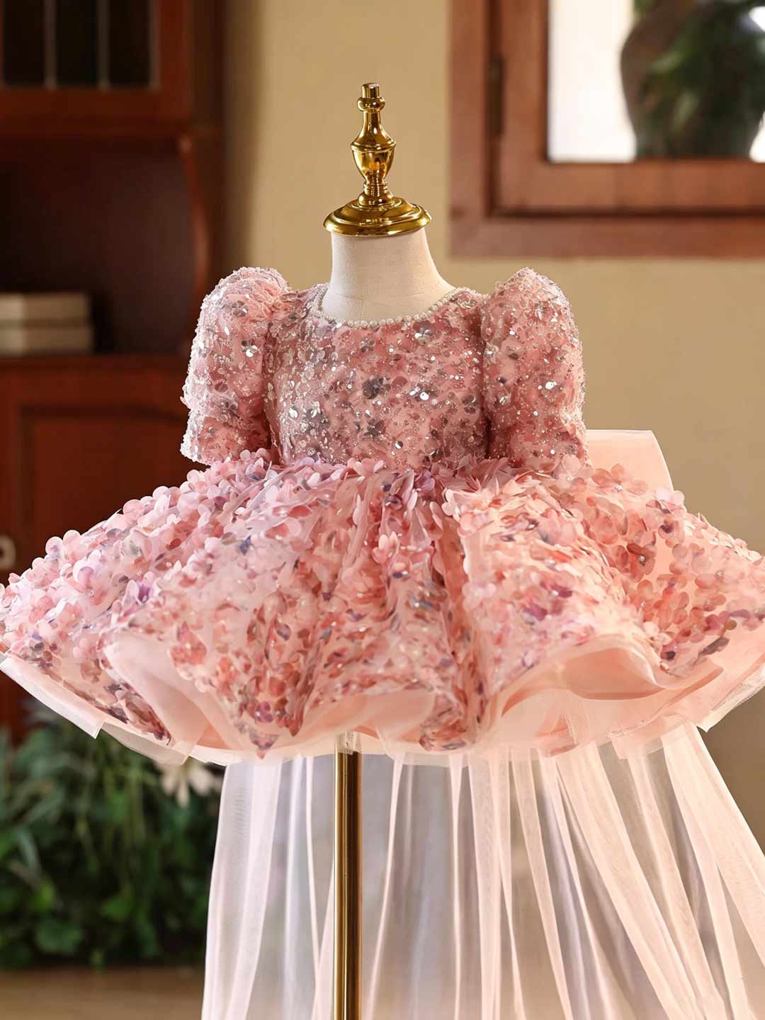 D602 pink floral puff sleeve flower girl dress