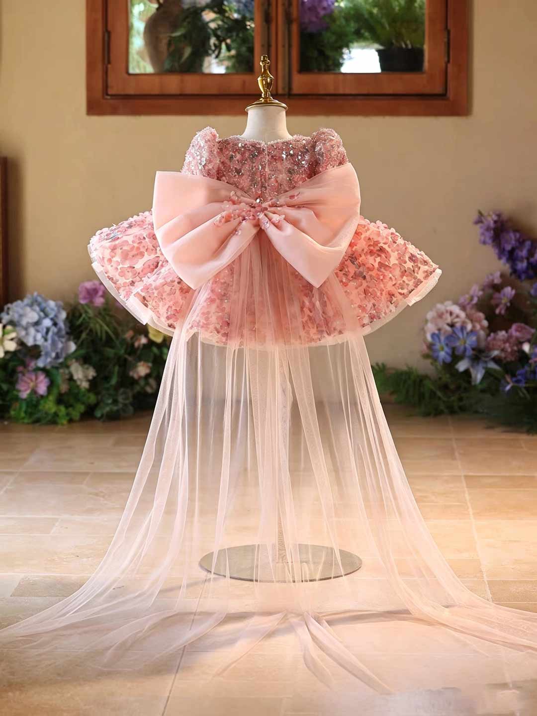 D602 pink floral puff sleeve flower girl dress