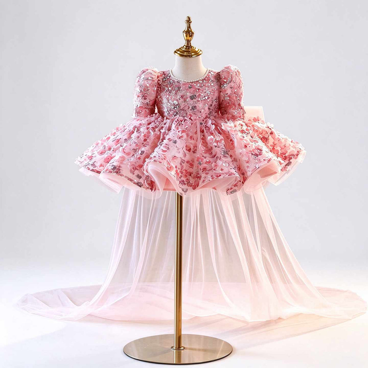 D602 pink floral puff sleeve flower girl dress