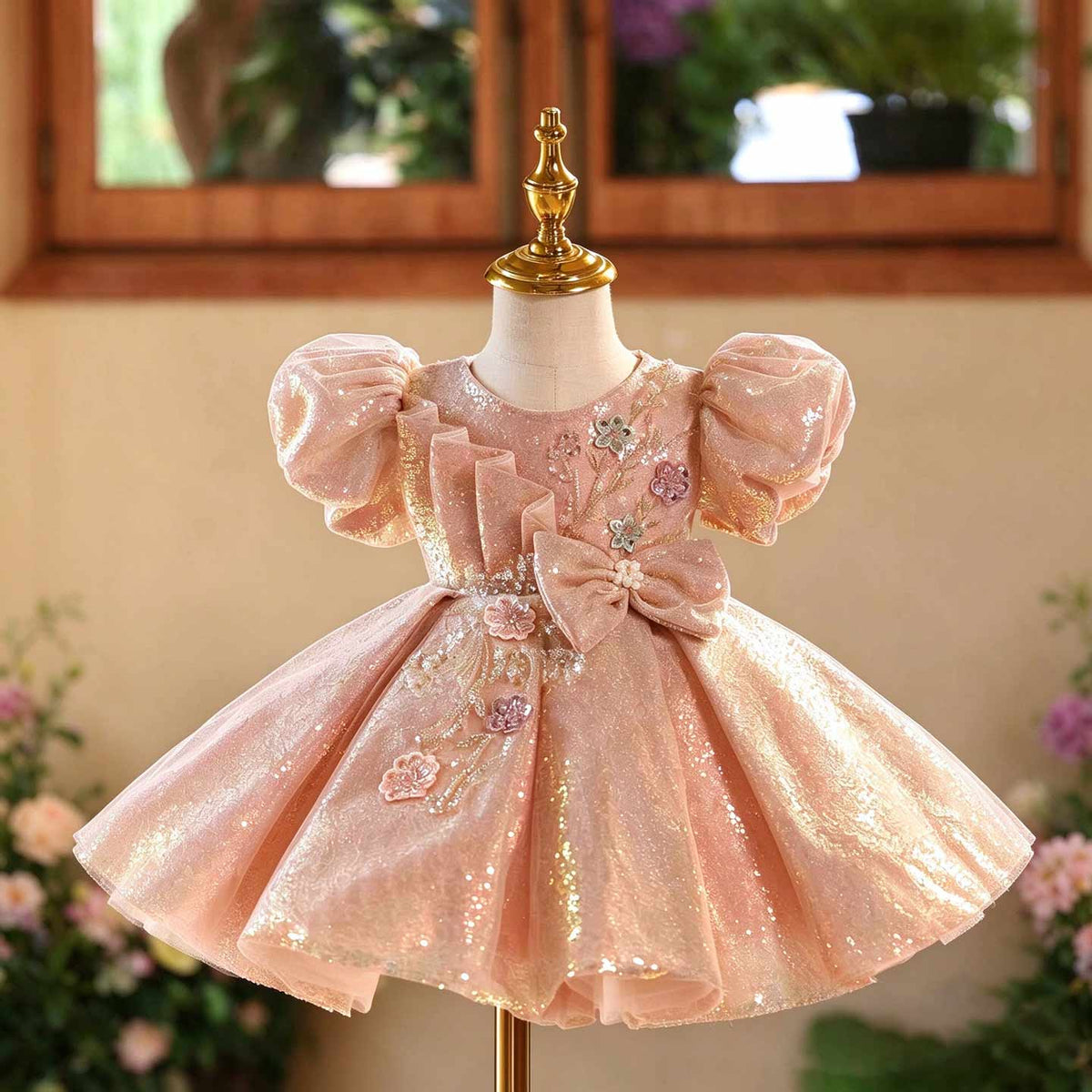 D603 pink sequin bow puff sleeve flower girl dress