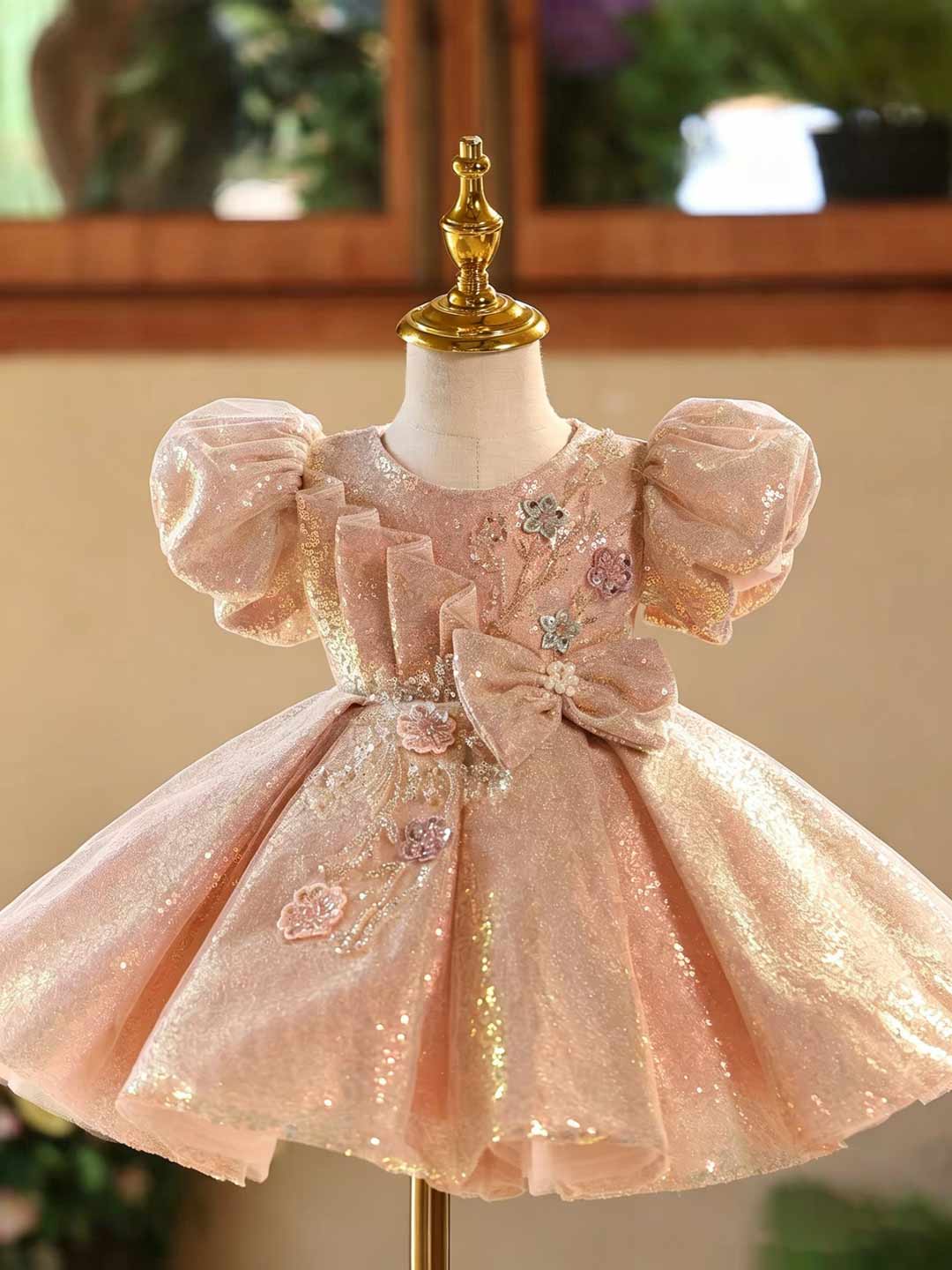 D603 pink sequin bow puff sleeve flower girl dress