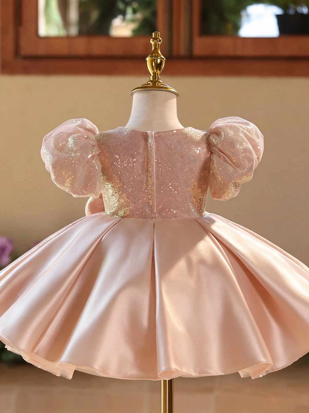 D603 pink sequin bow puff sleeve flower girl dress