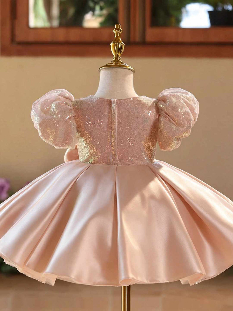 D603 pink sequin bow puff sleeve flower girl dress