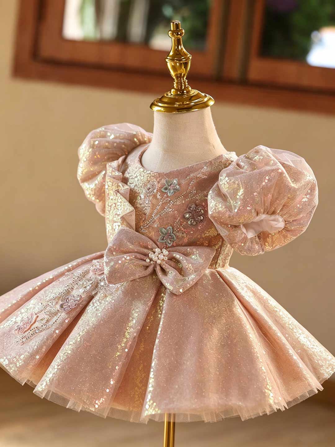 D603 pink sequin bow puff sleeve flower girl dress