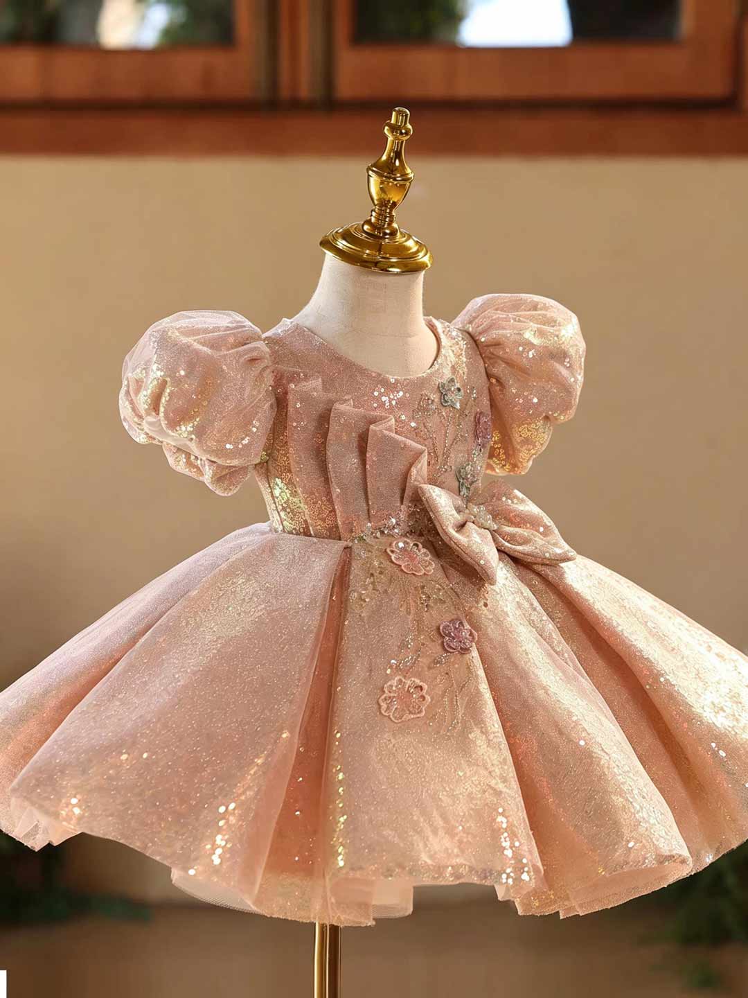 D603 pink sequin bow puff sleeve flower girl dress
