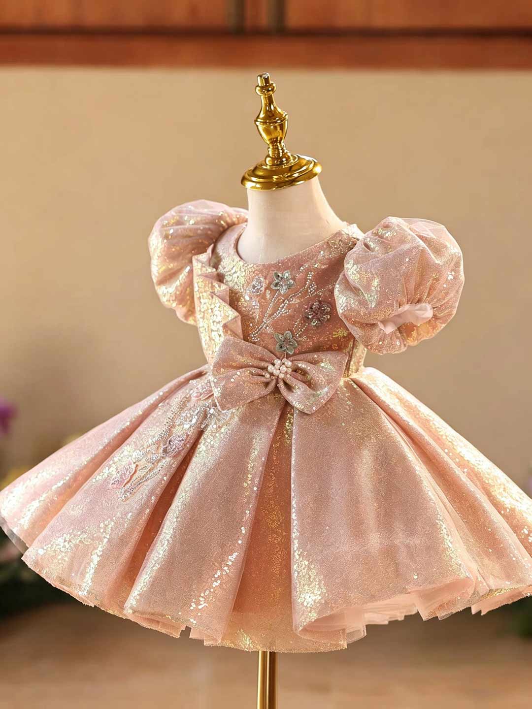 D603 pink sequin bow puff sleeve flower girl dress