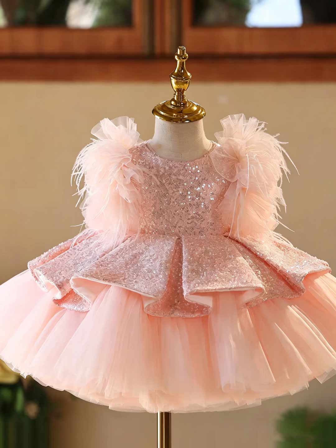 D604 pink feather sequin tulle flower girl dress