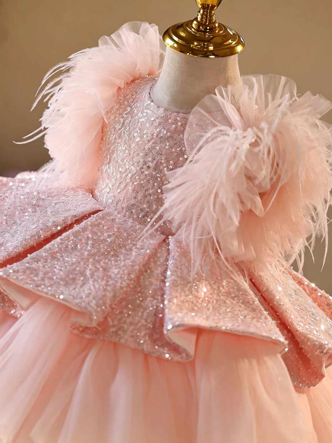 D604 pink feather sequin tulle flower girl dress