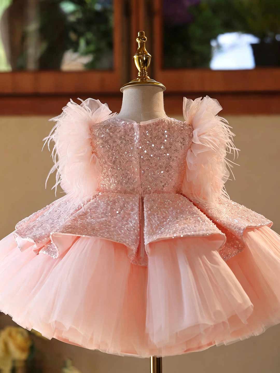 D604 pink feather sequin tulle flower girl dress