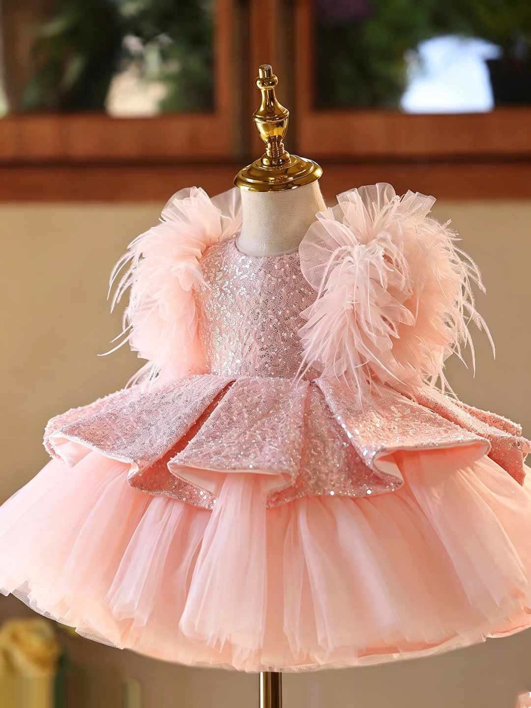 D604 pink feather sequin tulle flower girl dress