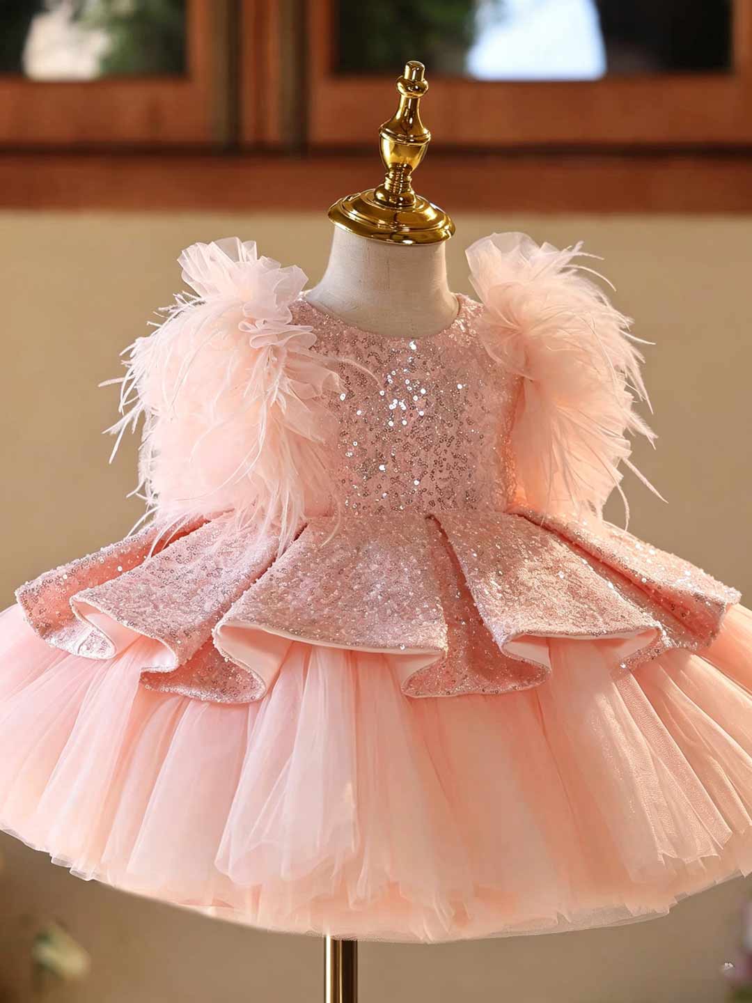 D604 pink feather sequin tulle flower girl dress