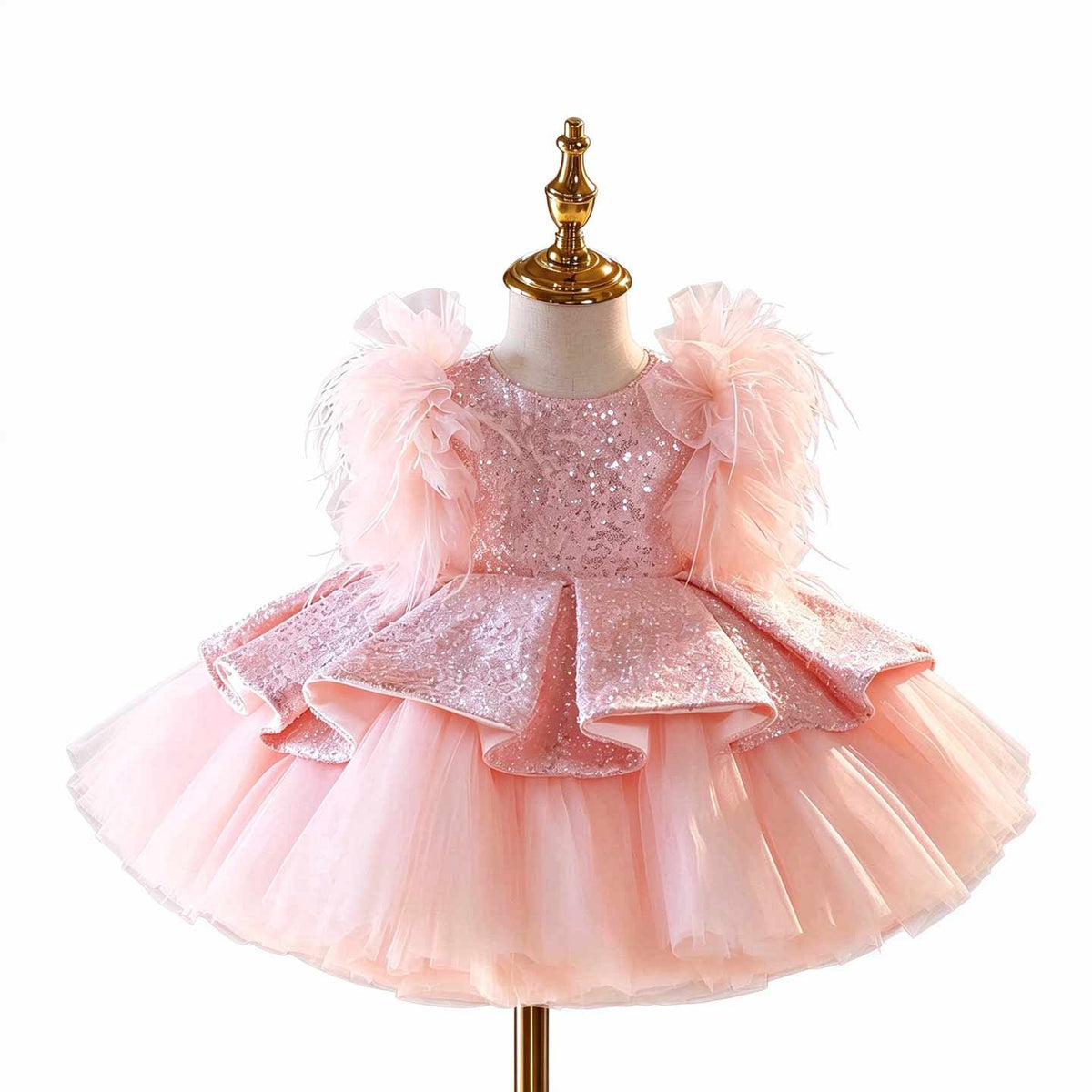 D604 pink feather sequin tulle flower girl dress