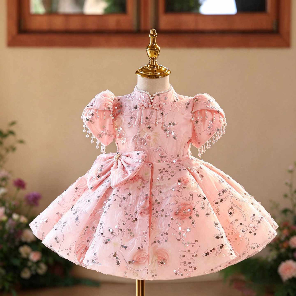D605 pink sequin bow puff sleeve flower girl dress