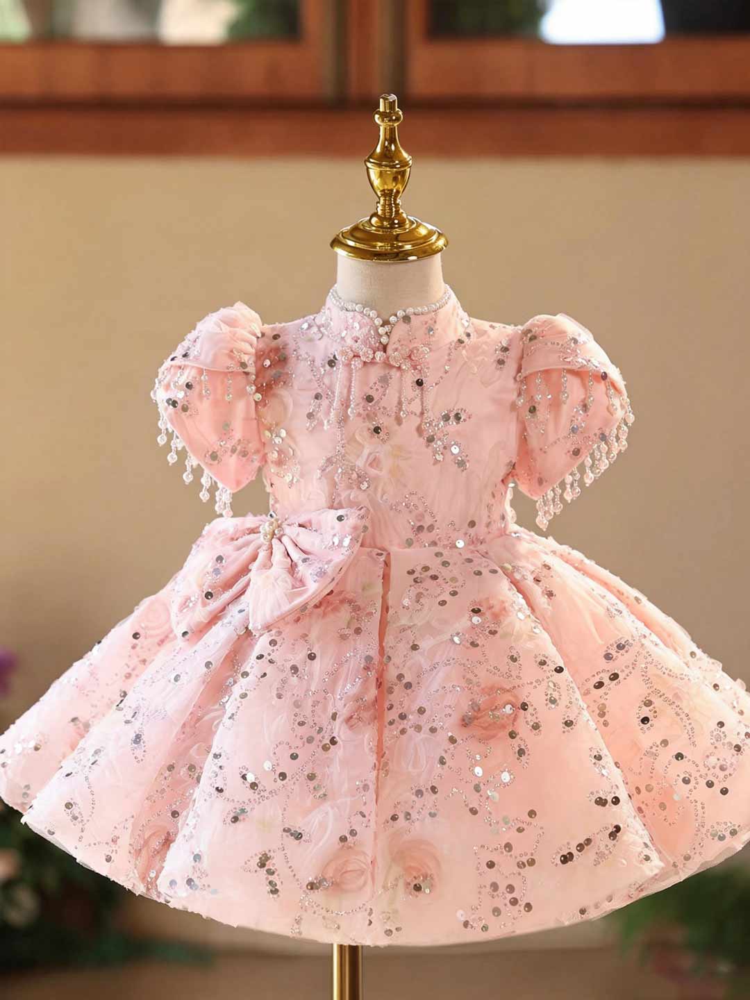 D605 pink sequin bow puff sleeve flower girl dress