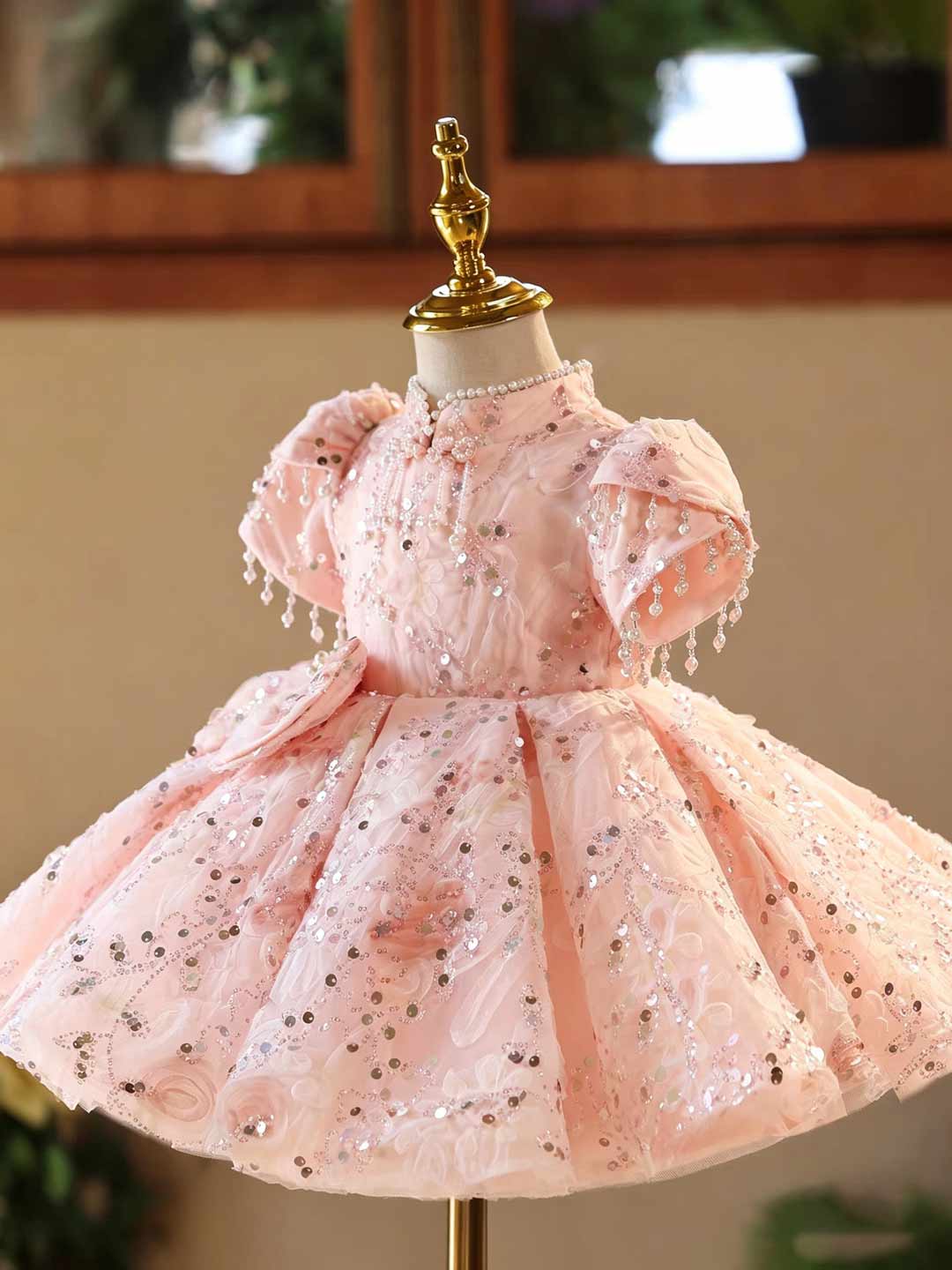 D605 pink sequin bow puff sleeve flower girl dress