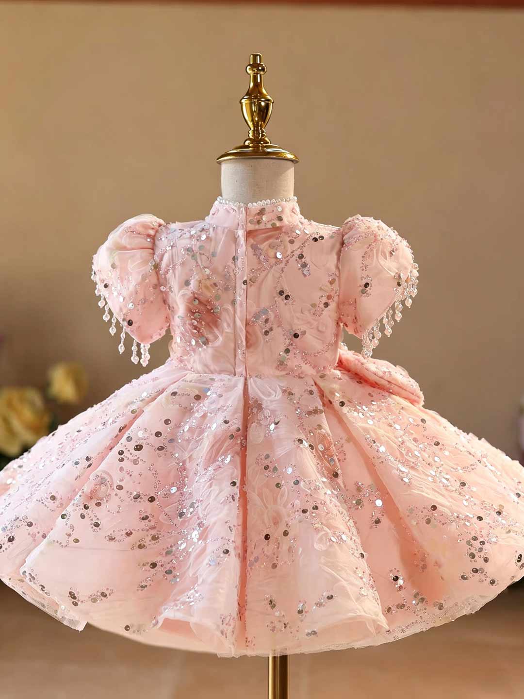 D605 pink sequin bow puff sleeve flower girl dress