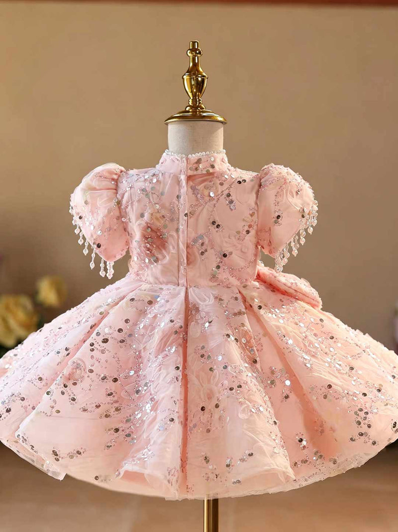 D605 pink sequin bow puff sleeve flower girl dress