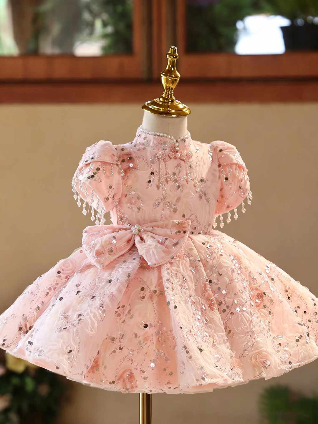 D605 pink sequin bow puff sleeve flower girl dress