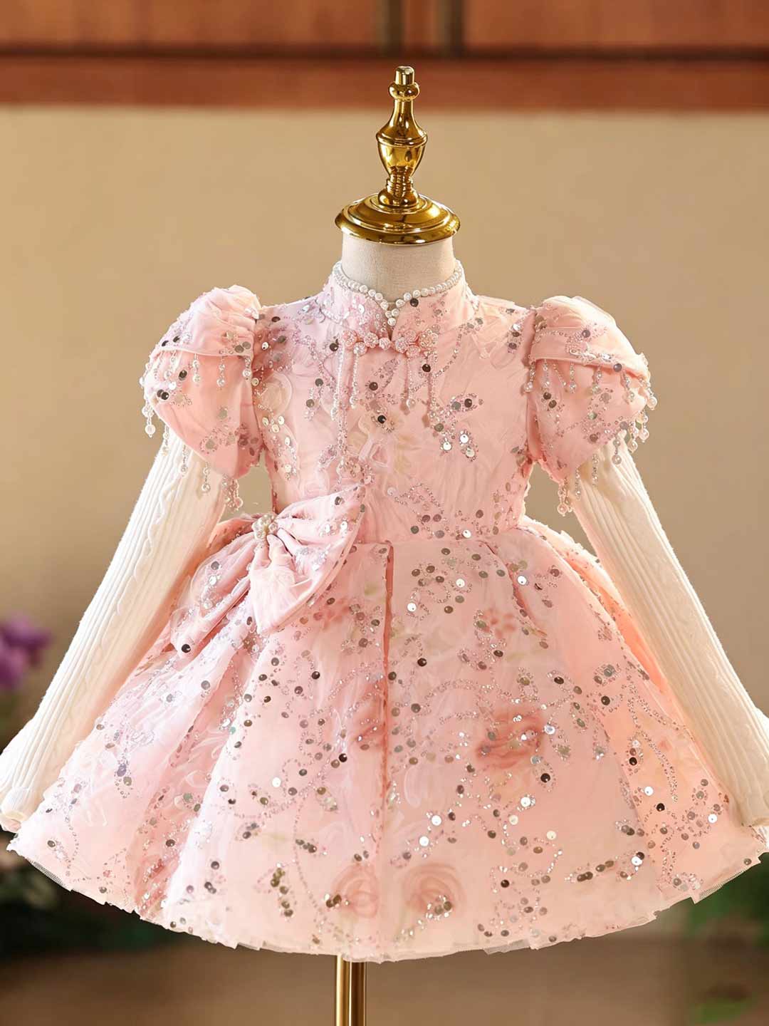 D605 pink sequin bow puff sleeve flower girl dress