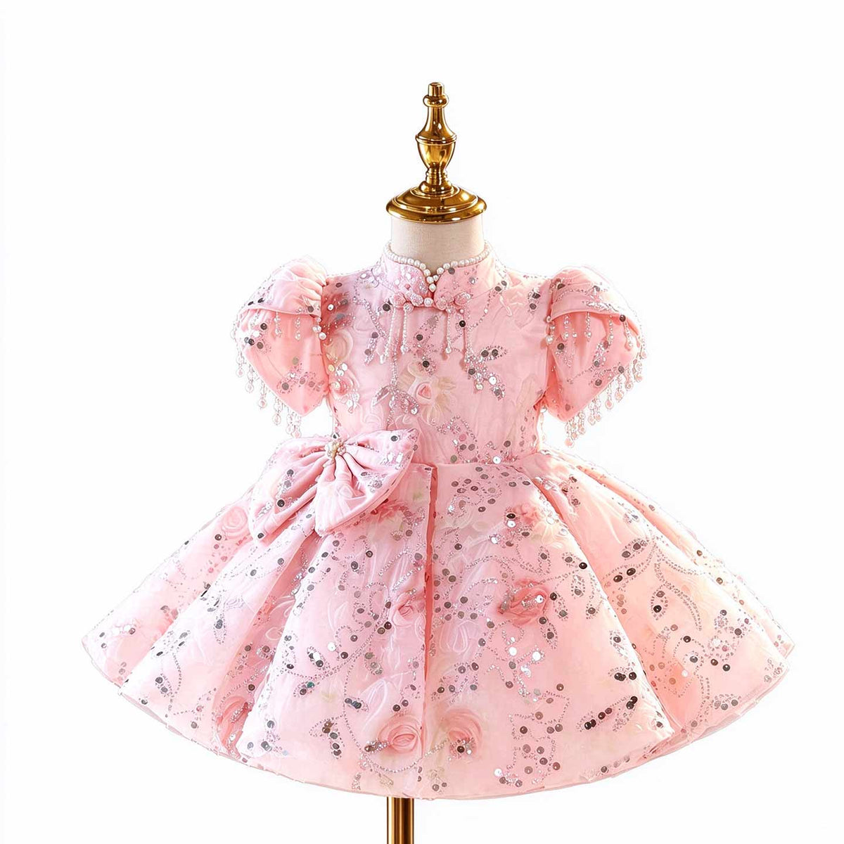 D605 pink sequin bow puff sleeve flower girl dress