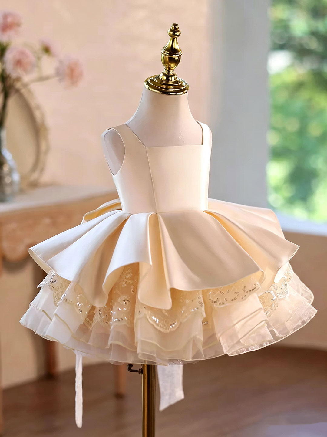 D606 champagne square neck layered flower girl dress, view 1