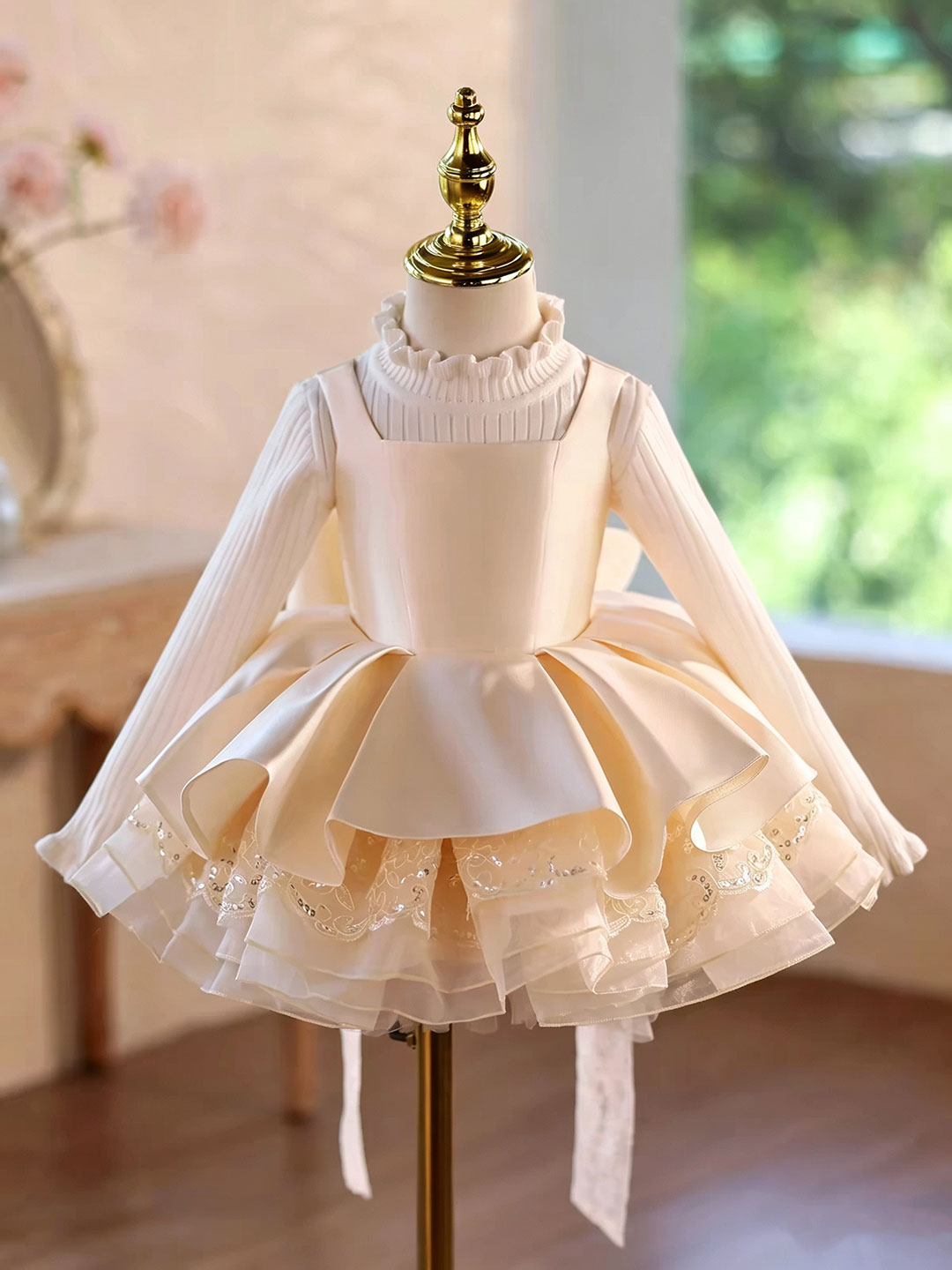 D606 champagne square neck layered flower girl dress, view 2