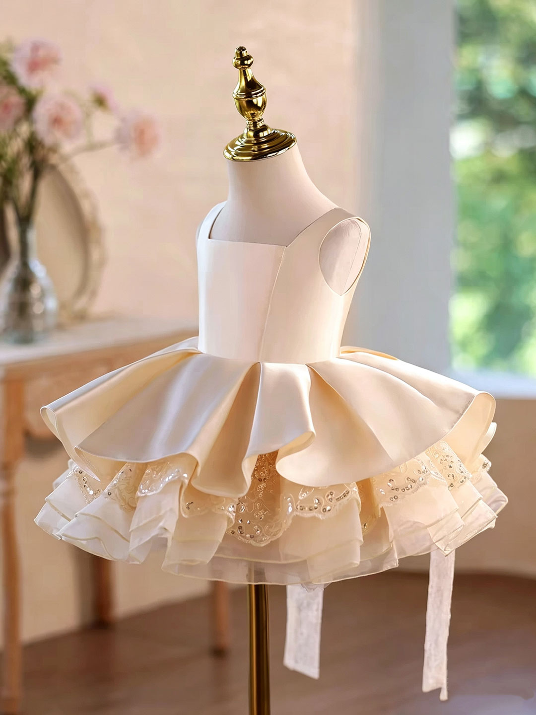 D606 champagne square neck layered flower girl dress, view 4