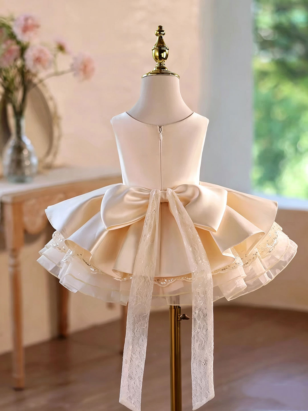 D606 champagne square neck layered flower girl dress, view 5