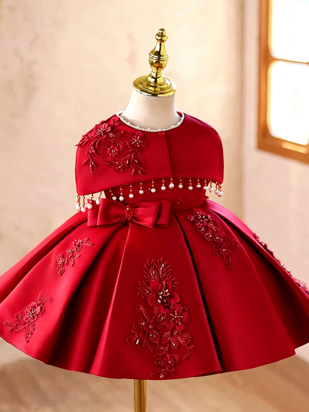 D607 red floral applique bow flower girl dress, view 1