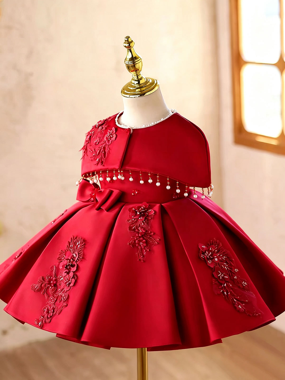 D607 red floral applique bow flower girl dress, view 2