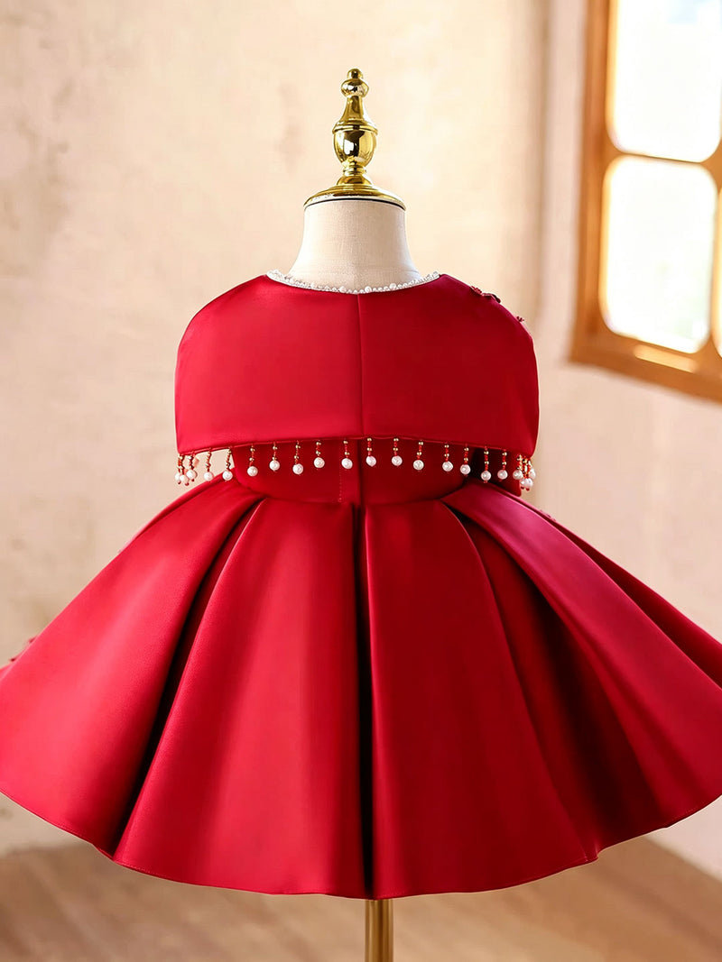 D607 red floral applique bow flower girl dress, view 4