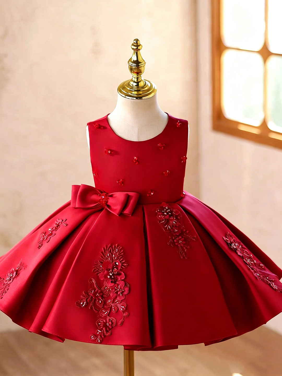 D607 red floral applique bow flower girl dress, view 5