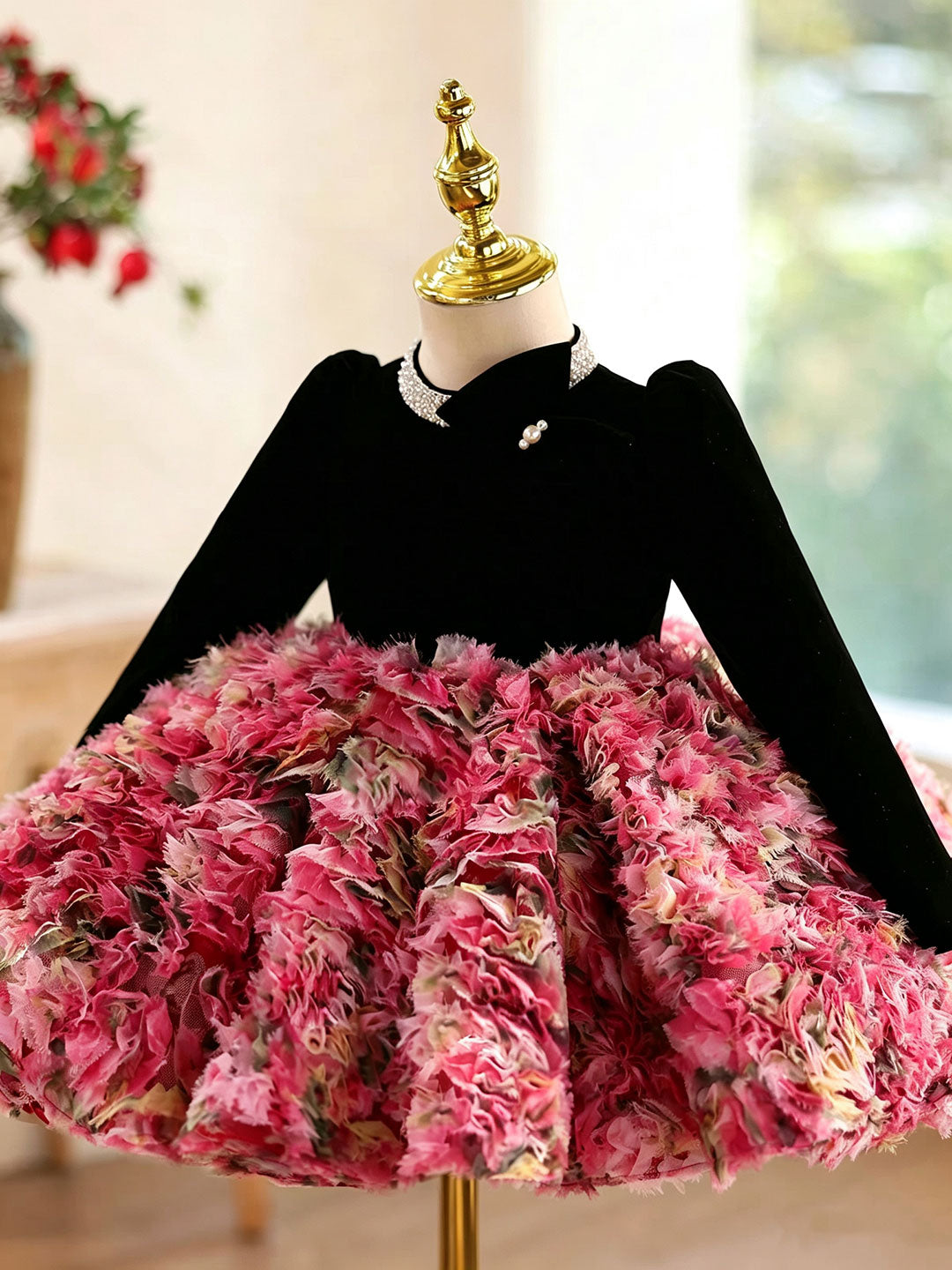 D608 black-red textured long sleeve flower girl dress, view 1