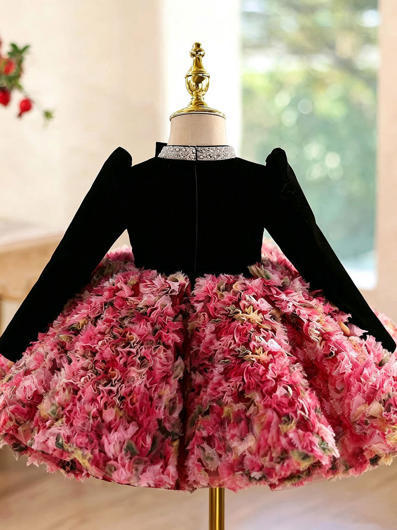D608 black-red textured long sleeve flower girl dress, view 3