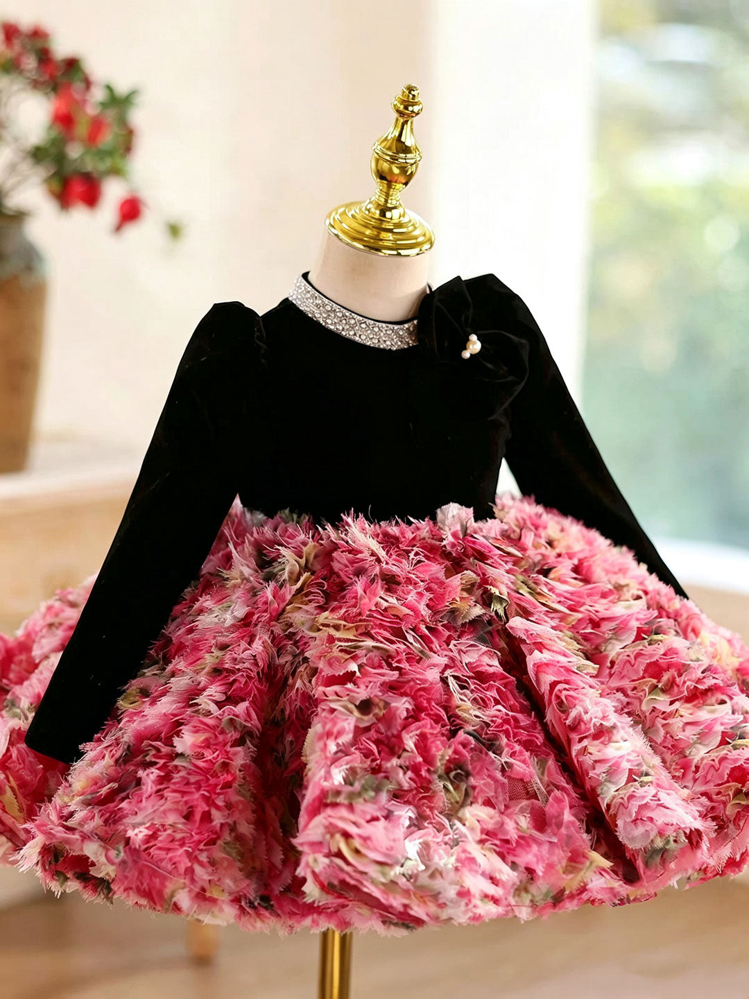 D608 black-red textured long sleeve flower girl dress, view 4