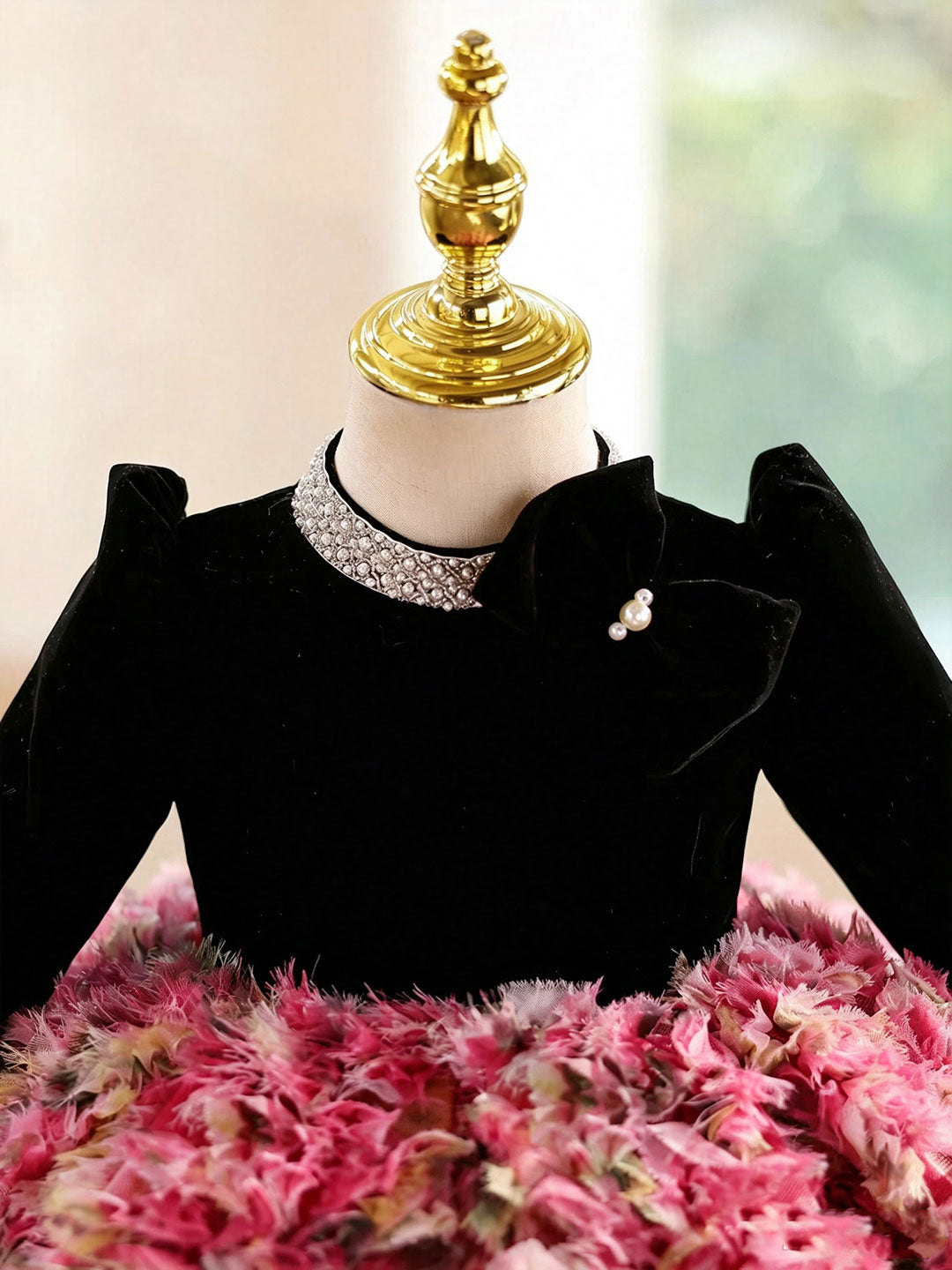 D608 black-red textured long sleeve flower girl dress, view 5