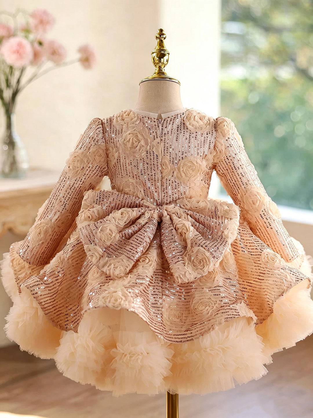 D609 champagne floral sequin long sleeve flower girl dress, view 1