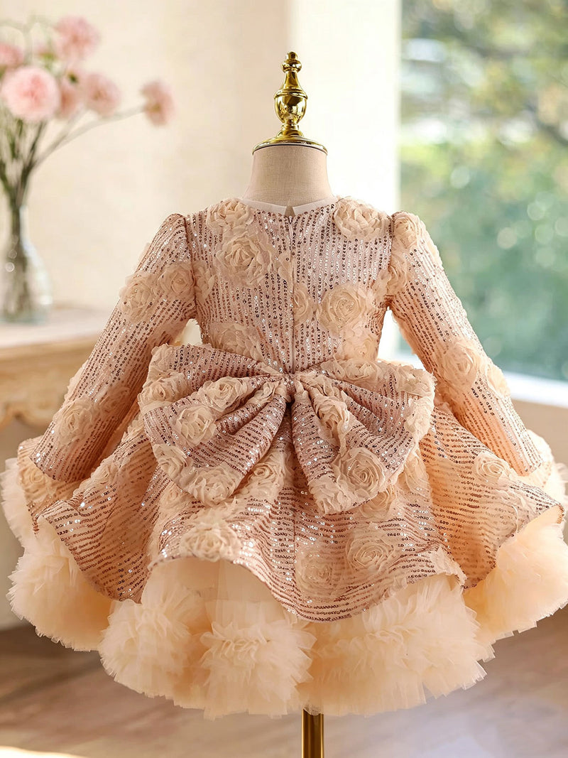 D609 champagne floral sequin long sleeve flower girl dress, view 1