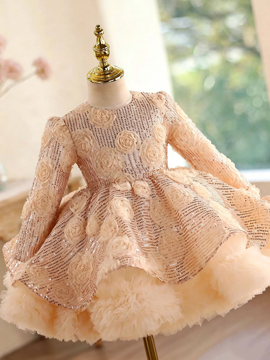 D609 champagne floral sequin long sleeve flower girl dress, view 2