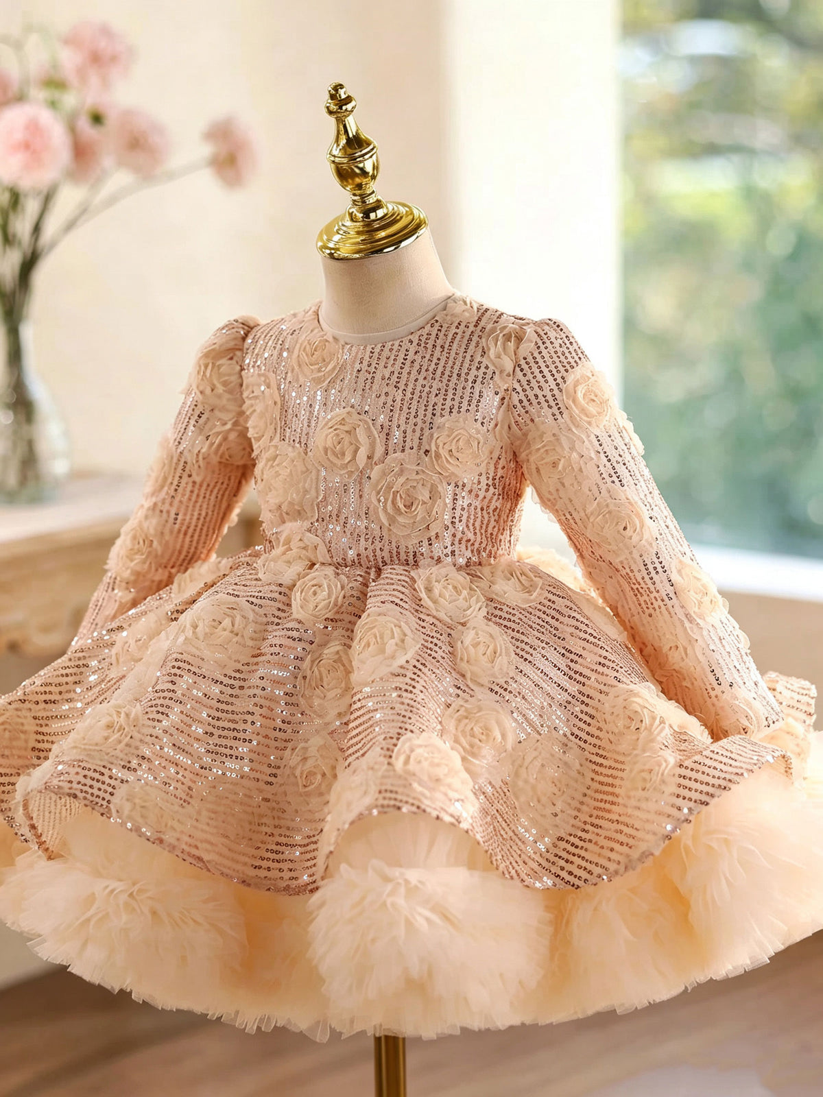 D609 champagne floral sequin long sleeve flower girl dress, view 3