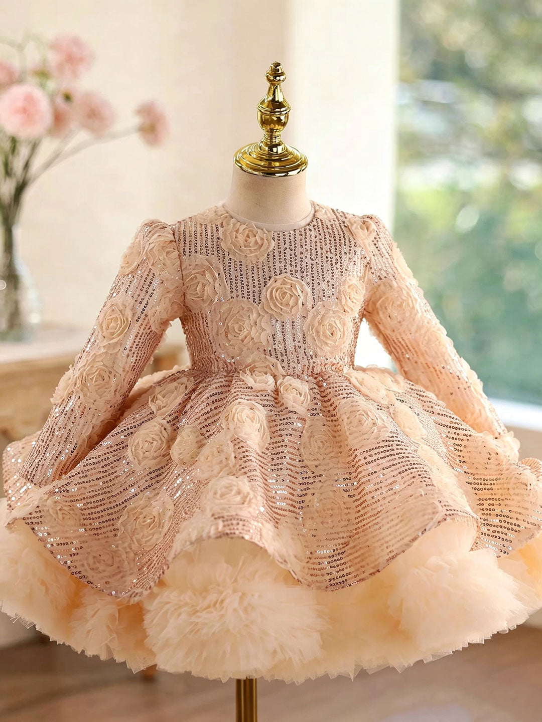 D609 champagne floral sequin long sleeve flower girl dress, view 4