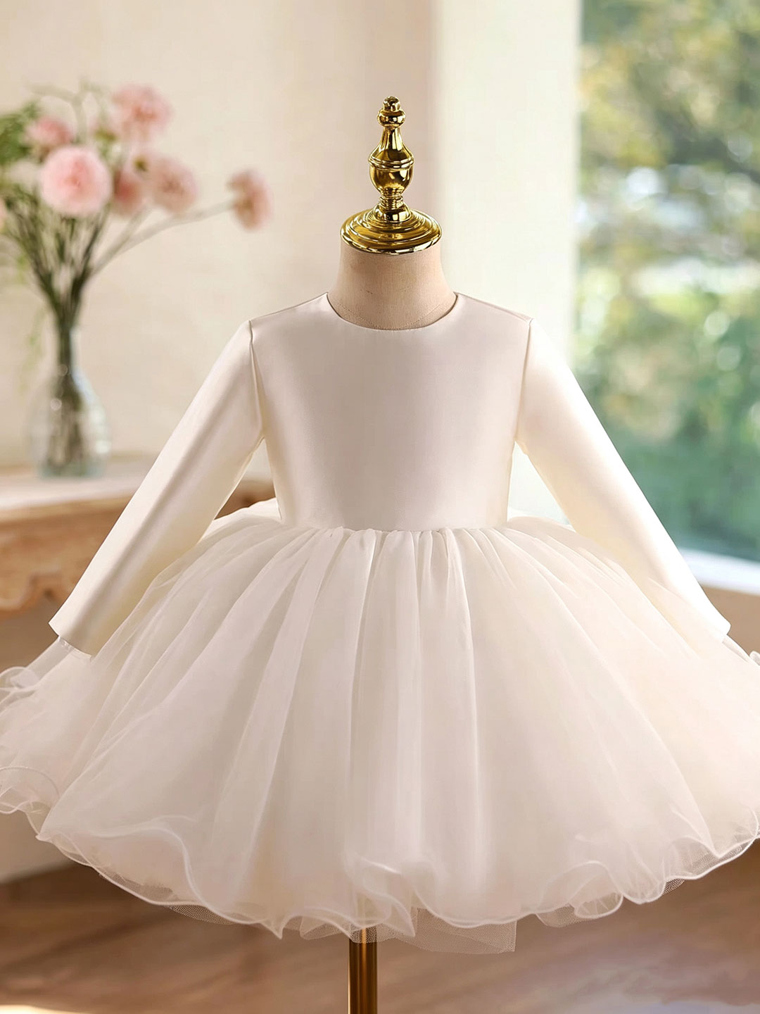 D610 white long sleeve tulle flower girl dress, view 2