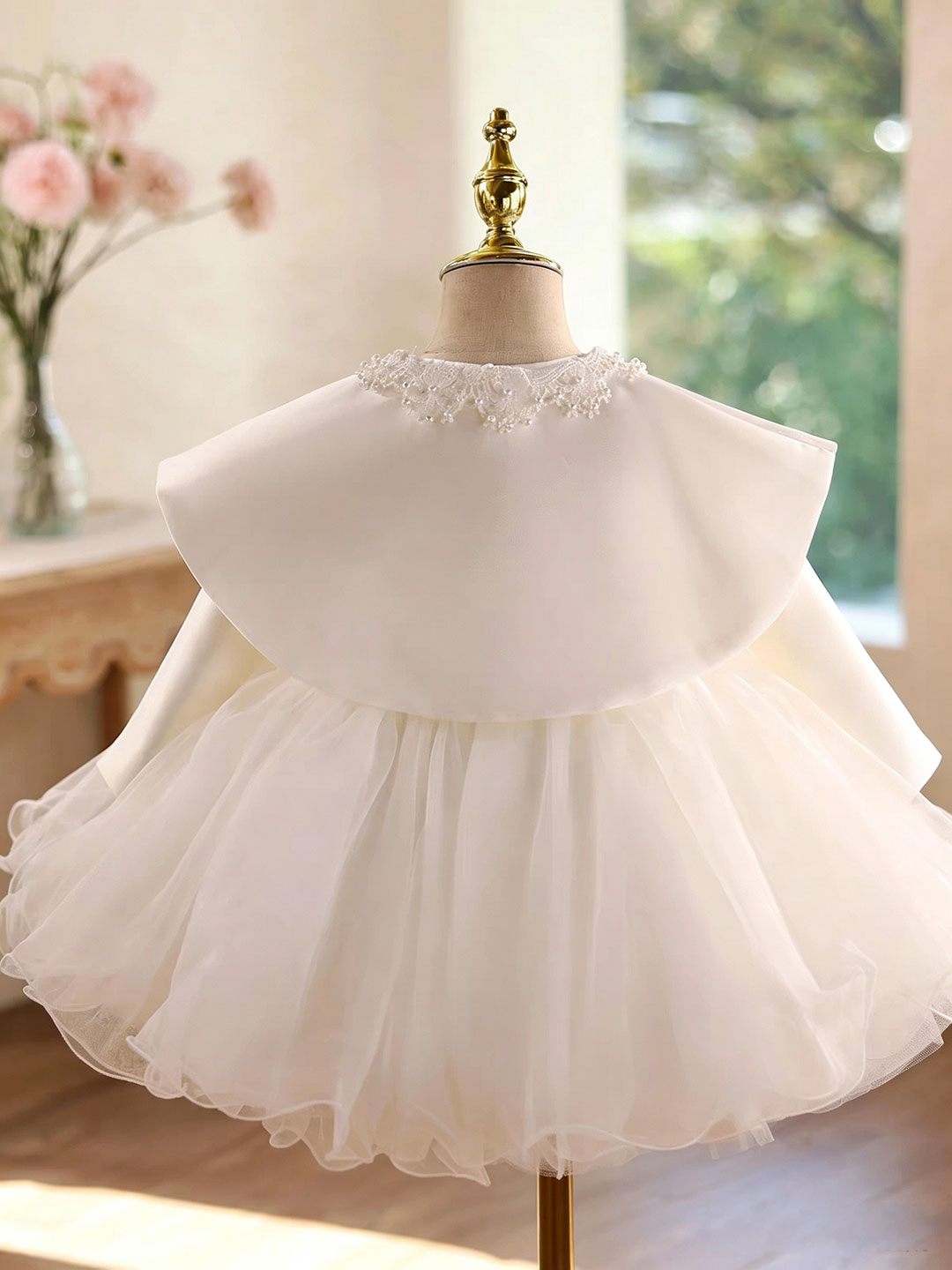 D610 white long sleeve tulle flower girl dress, view 3