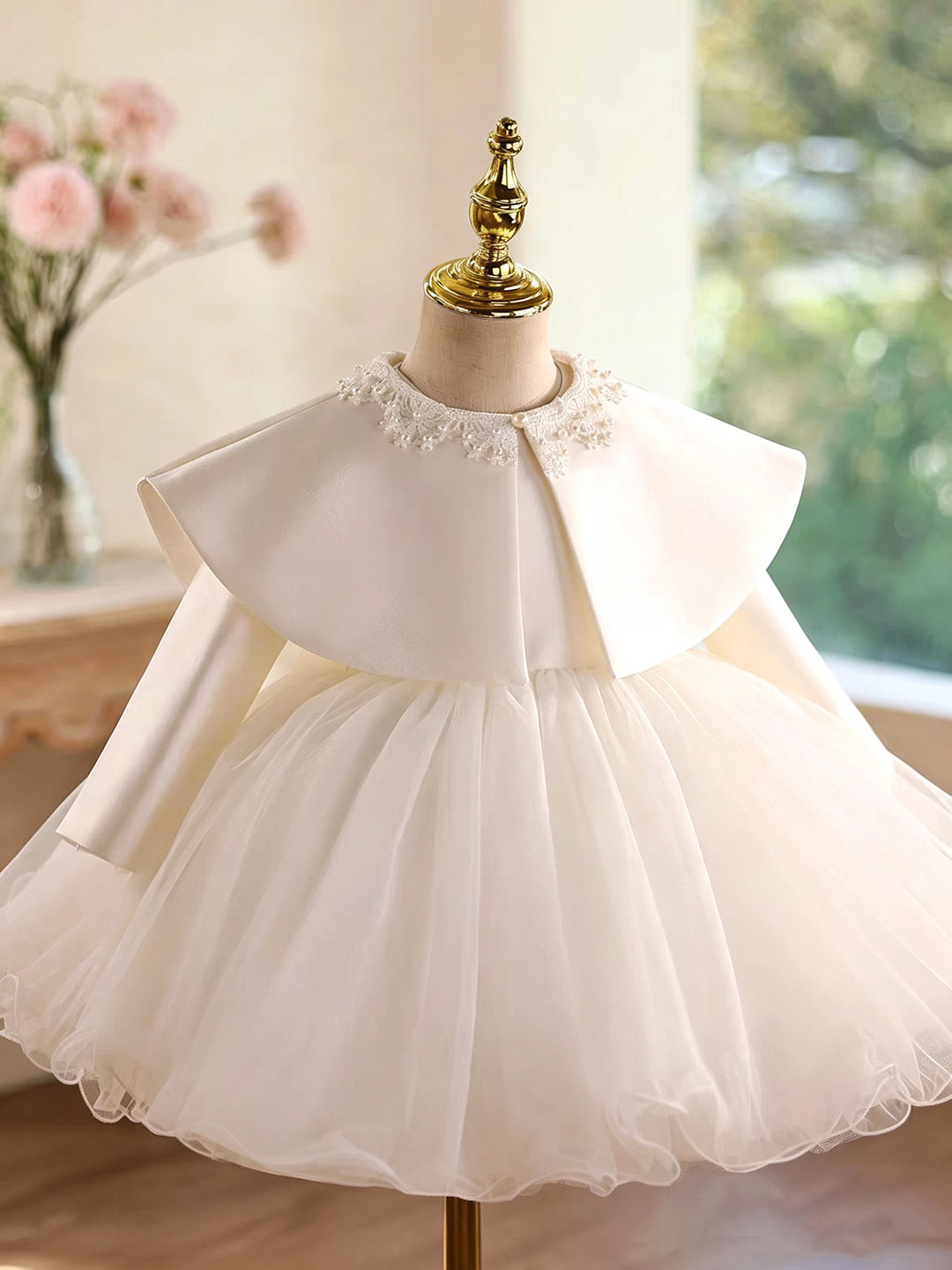 D610 white long sleeve tulle flower girl dress, view 4