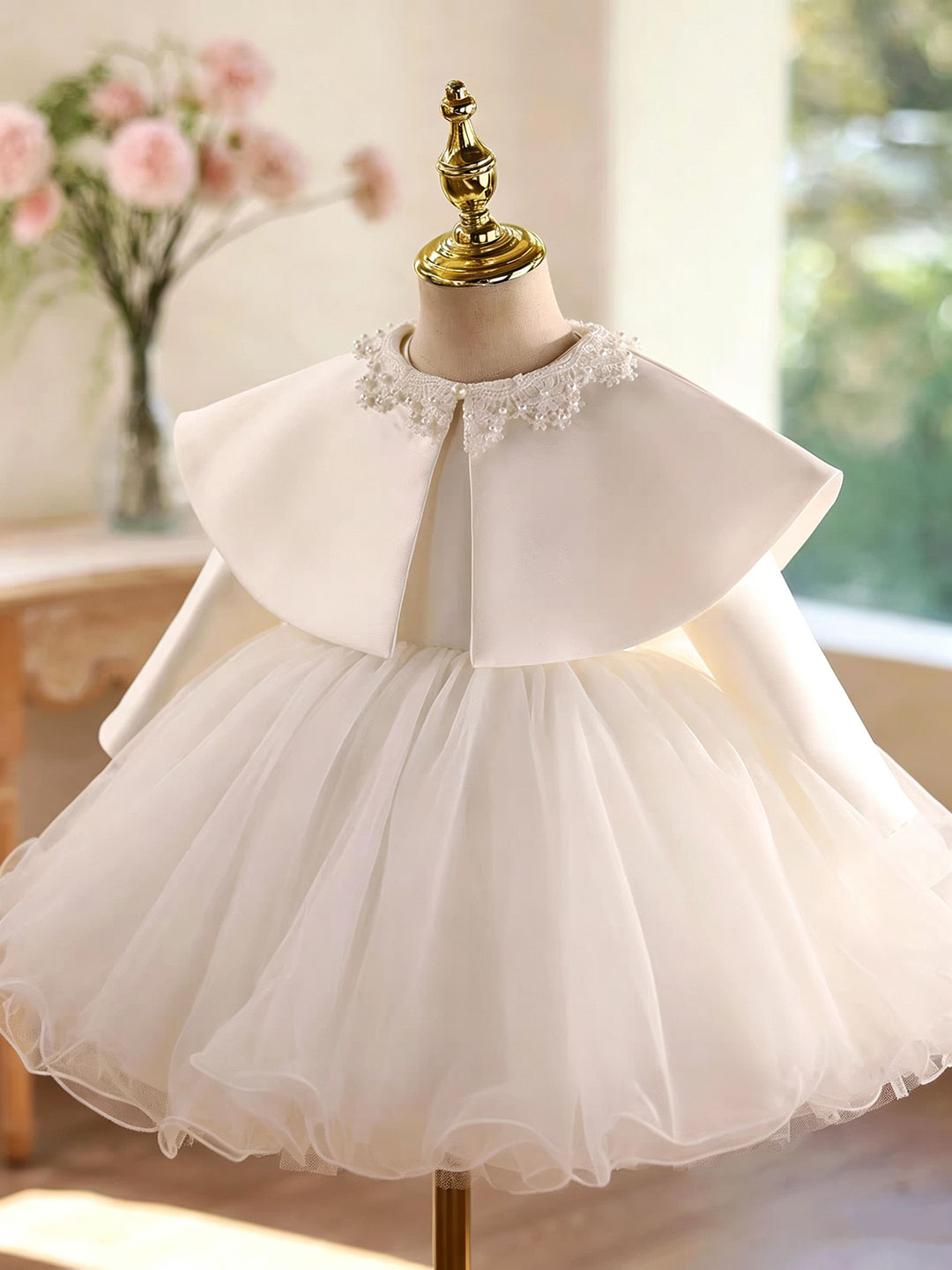 D610 white long sleeve tulle flower girl dress, view 5