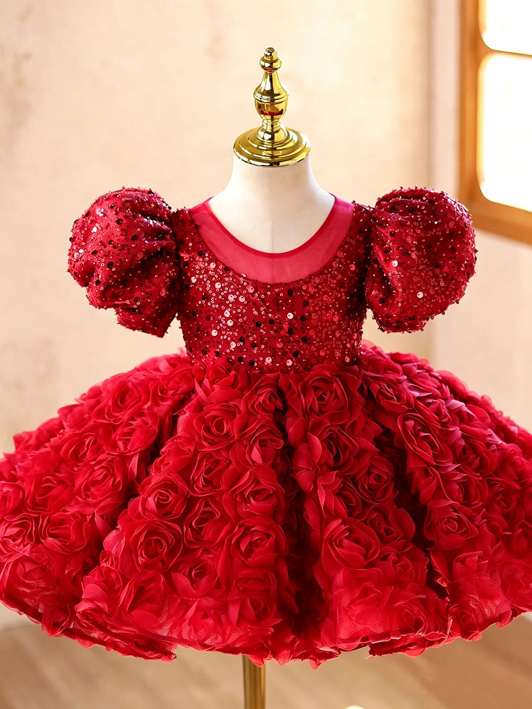 D611 red sequin rose puff sleeve flower girl dress, view 2
