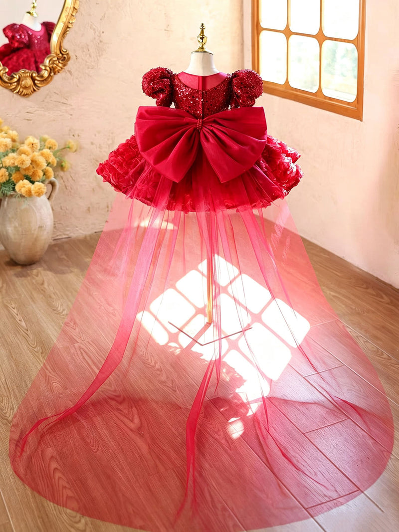 D611 red sequin rose puff sleeve flower girl dress, view 3
