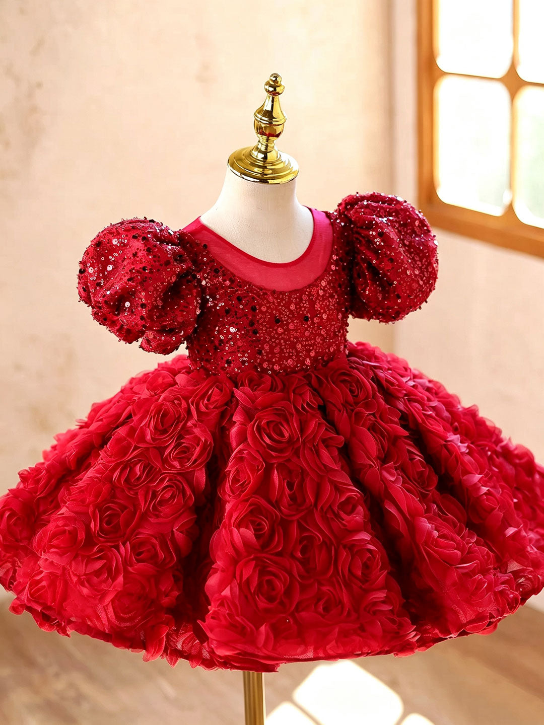 D611 red sequin rose puff sleeve flower girl dress, view 4