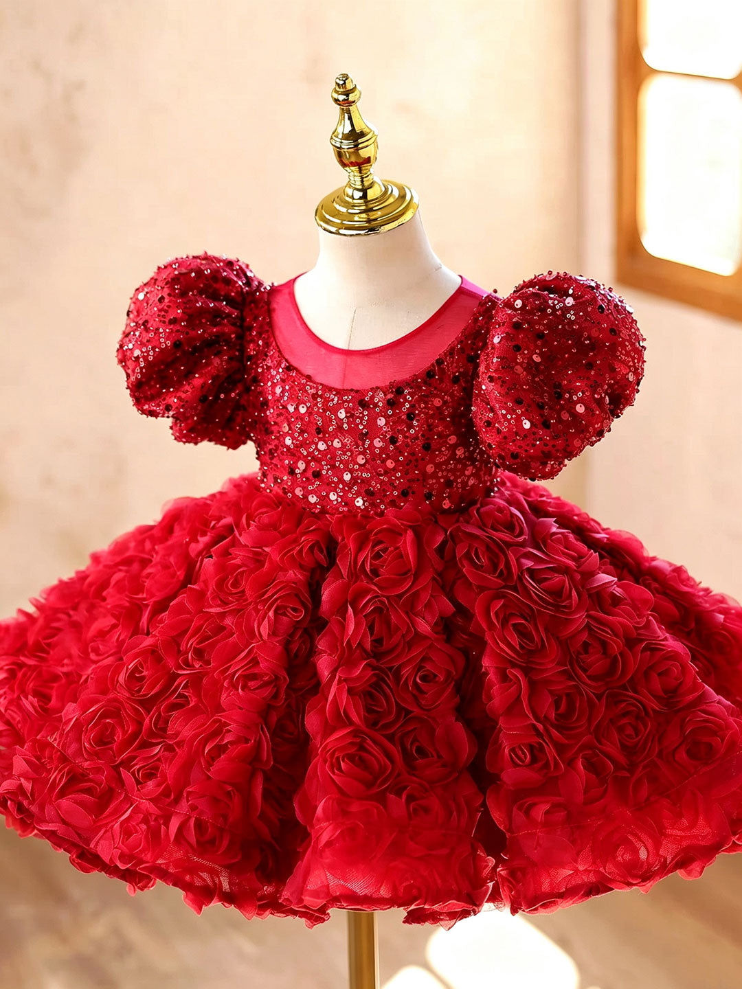 D611 red sequin rose puff sleeve flower girl dress, view 5